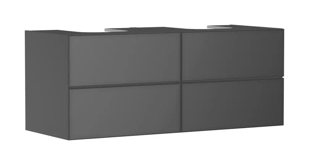 Schwarzer Waschtischunterschrank mit vier Schubkästen von Hansgrohe, geeignet für Konsolen und Aufsatzwaschtische. Schlichte und funktionale Form.